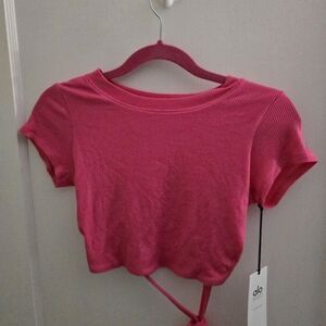 ALO Yoga Manifest Pink Ribbed Wrap Crop Top